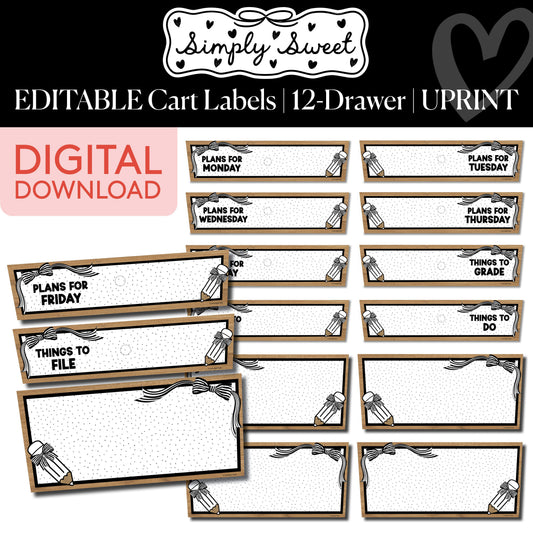 Printable Classic Black and White Editable 12 Drawer Cart Labels | Simply Sweet