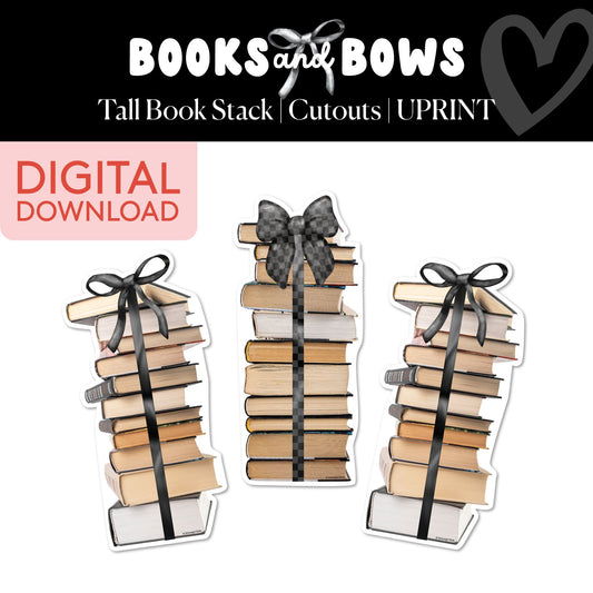 Printable Black and White Tall Book Stack Bulletin Board Cutouts | Books and Bows