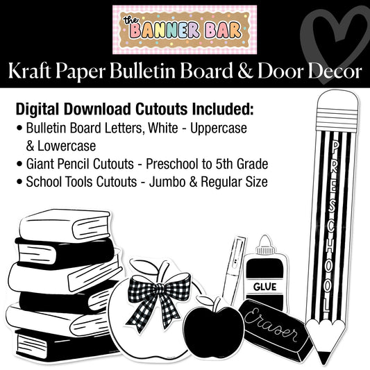 Black and White Kraft Paper Board & Door Decor Bundle | Banner Bar