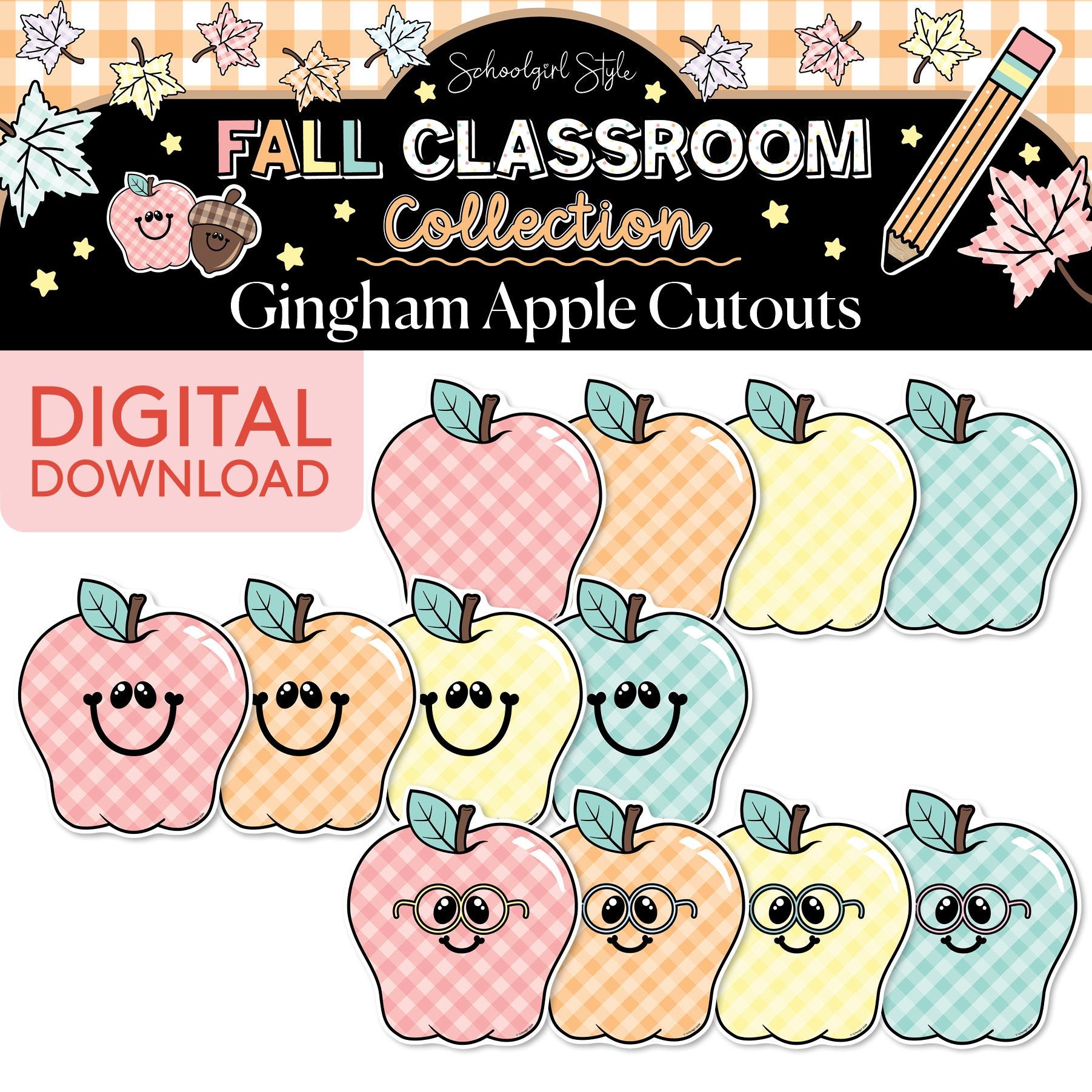 Printable Pastel Fall Gingham Apples Cutouts