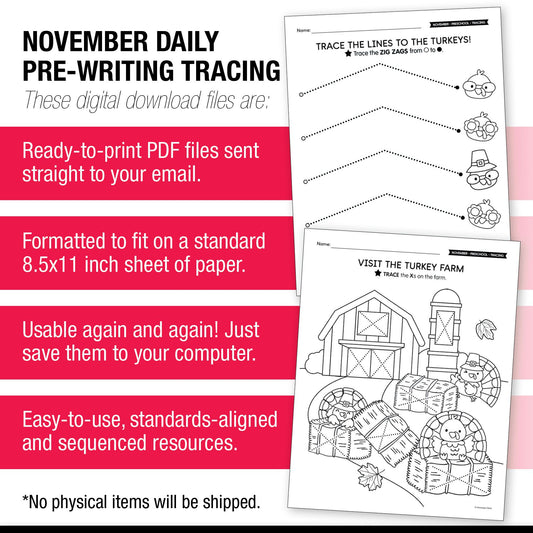 Printable Preschool November Daily Pre-Writing Tracing