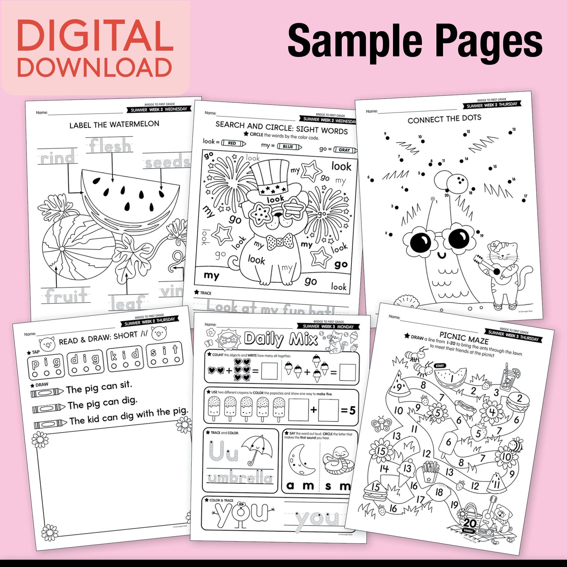 Printable Bridge To First Grade Digital Summer Workbook