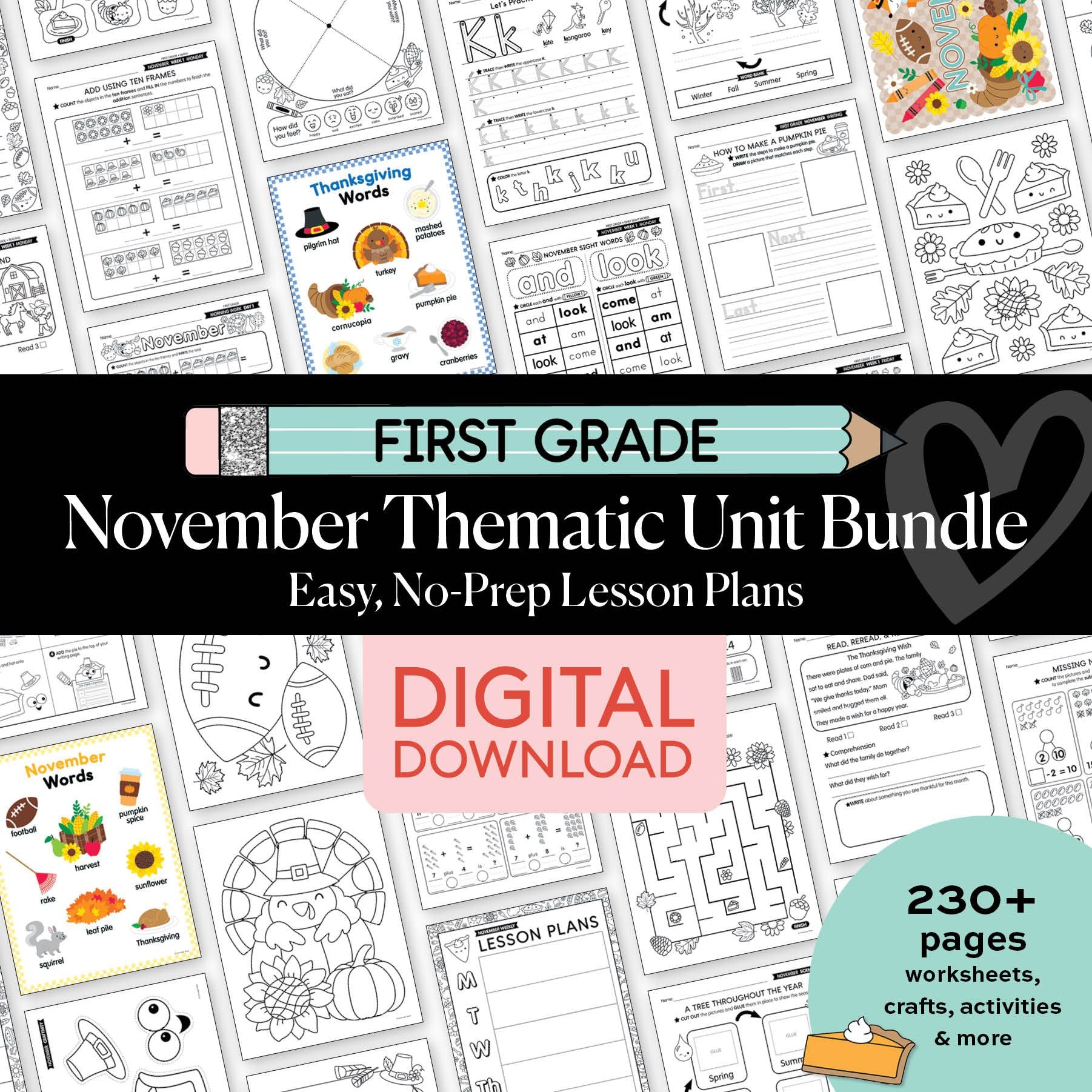 Printable First Grade November Thematic Unit Bundle