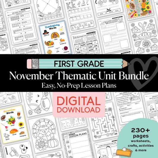 Printable First Grade November Thematic Unit Bundle