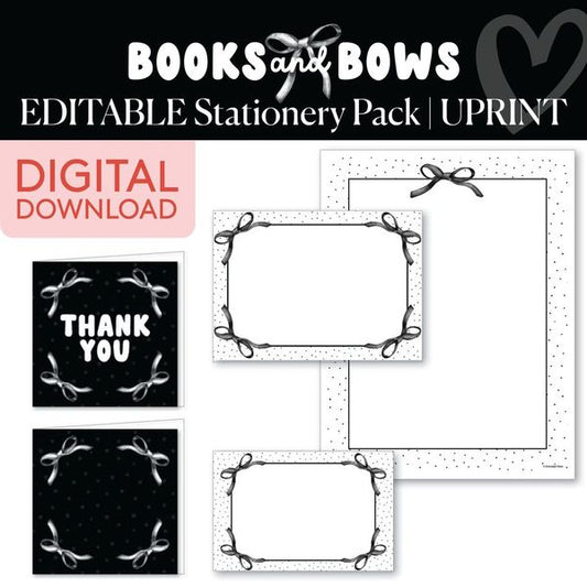 Printable Black and White Editable Stationery Pack | Books and Bows