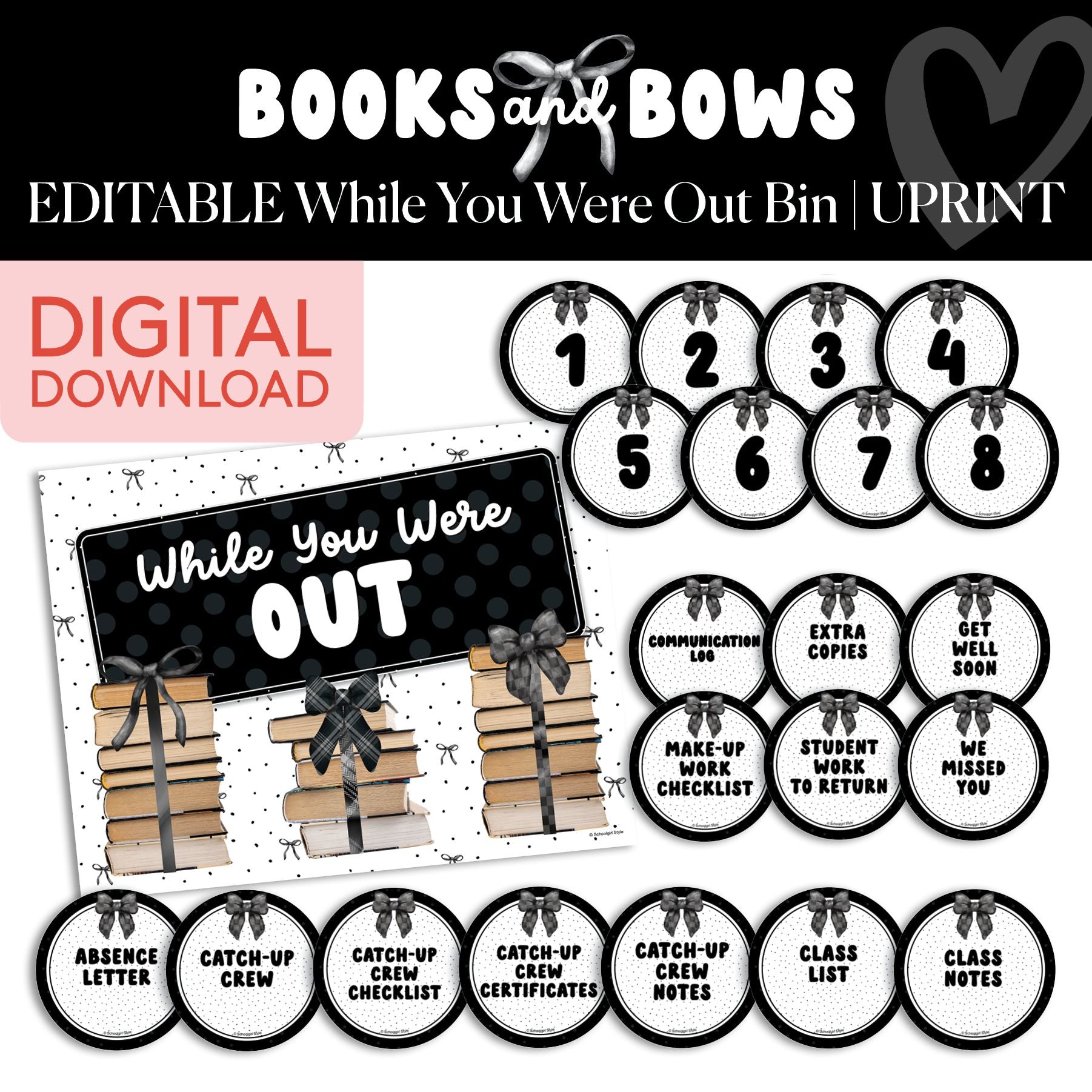 Printable Black and White Editable While You Were Out | Books and Bows
