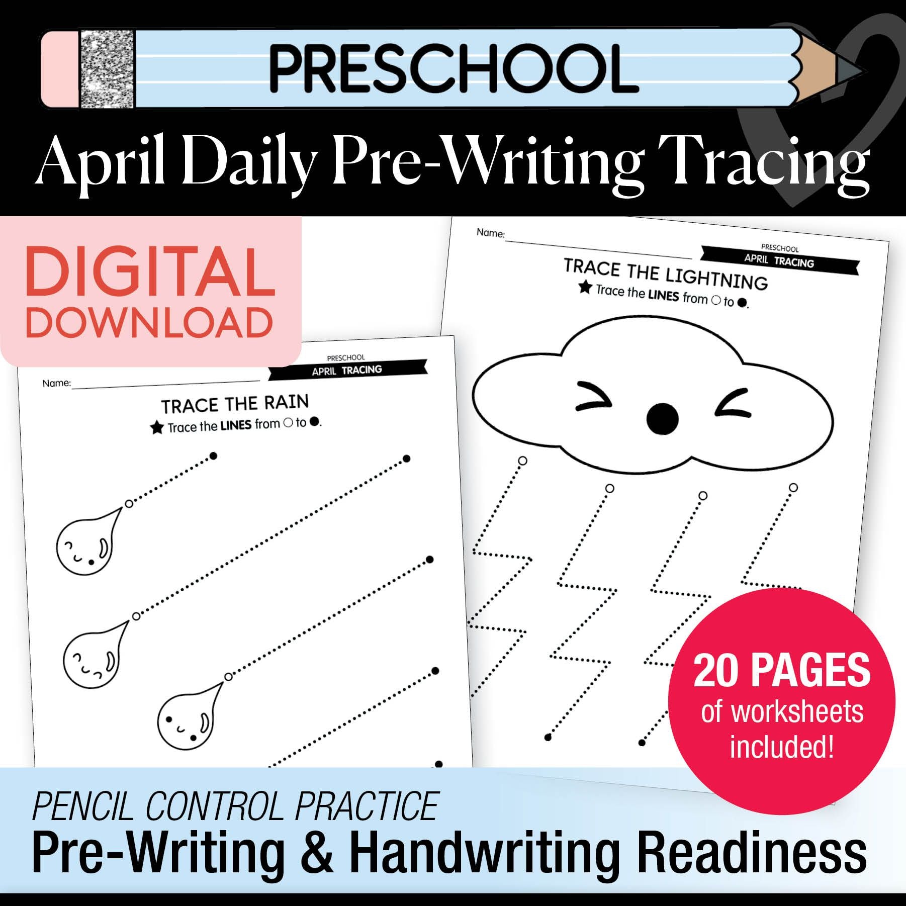 Printable Preschool April Daily Pre-Writing Tracing