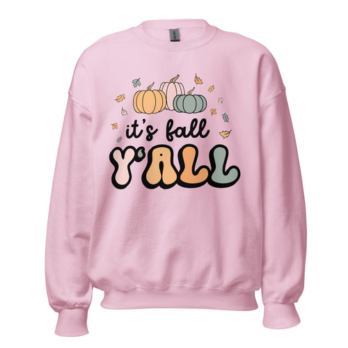 'It's Fall Y'all' teacher sweatshirt in white, green, pink and tan