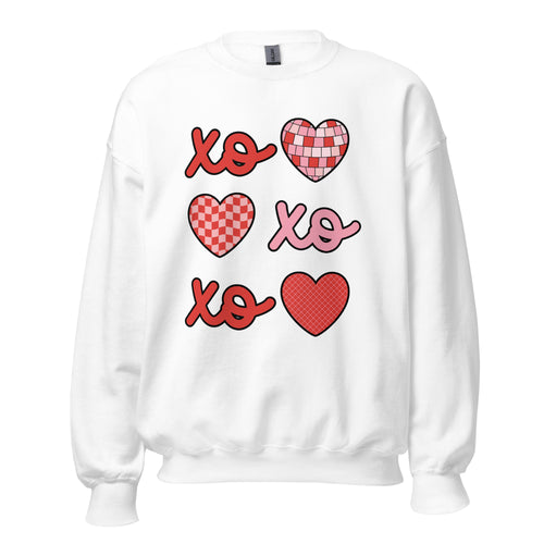 XO Hugs, Kisses and Hearts Valentine's Day Teacher Sweatshirt in pink or white