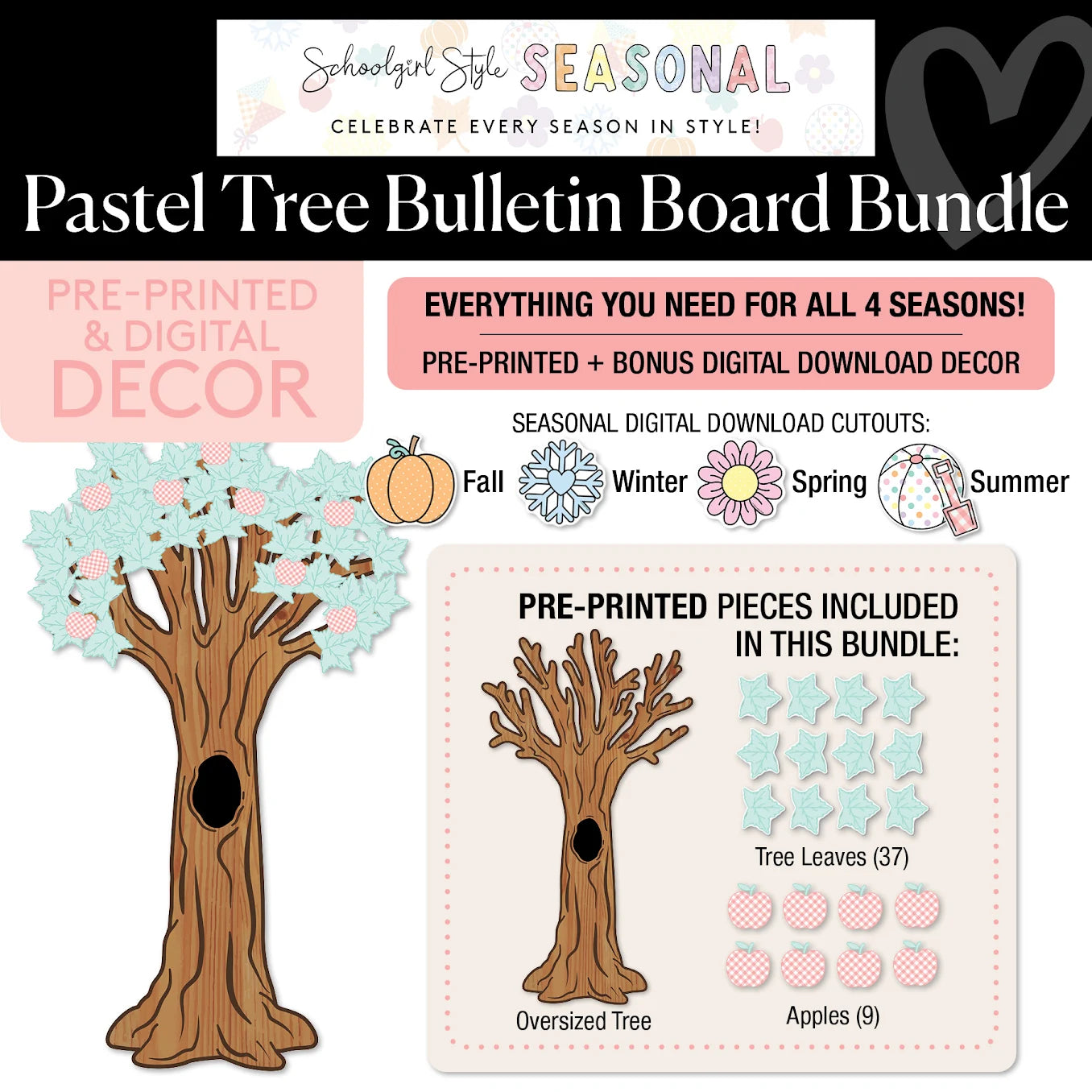 A Year In Pastel Tree Classroom Decor Bundle (Includes all 4 seasons!)