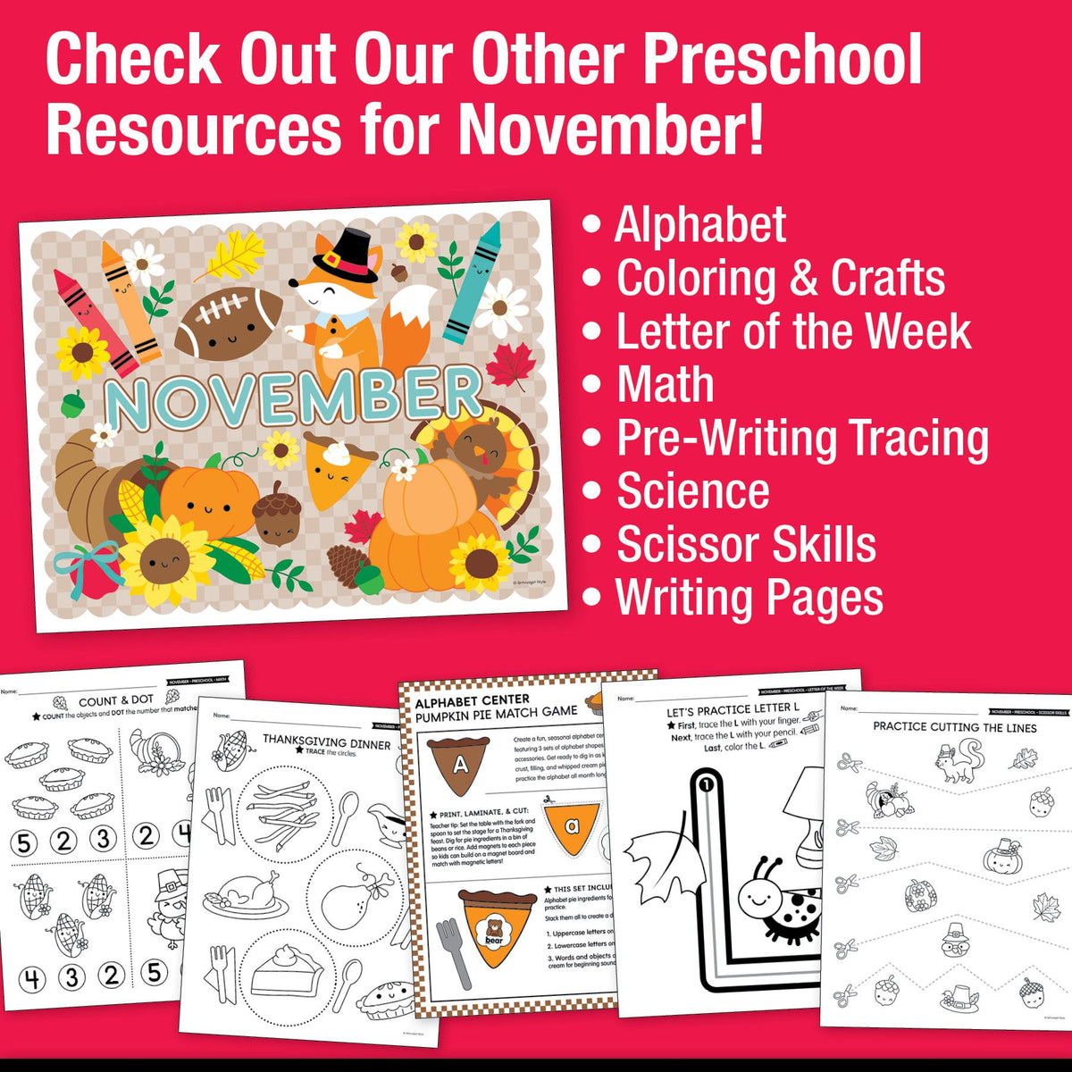 Printable Preschool November Directed Drawing Worksheets