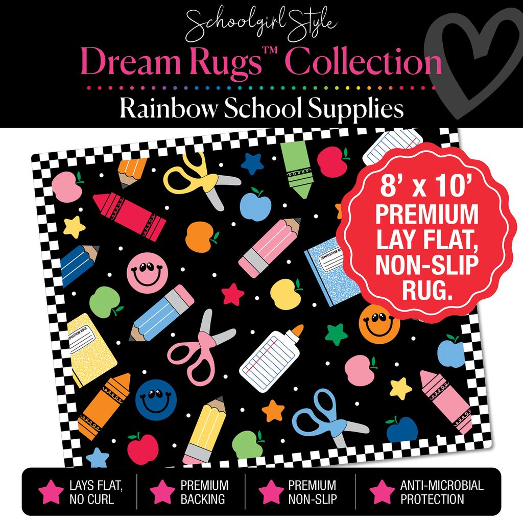 Scattered School Supplies with Checkerboard Border Classroom Rug by Schoolgirl Style