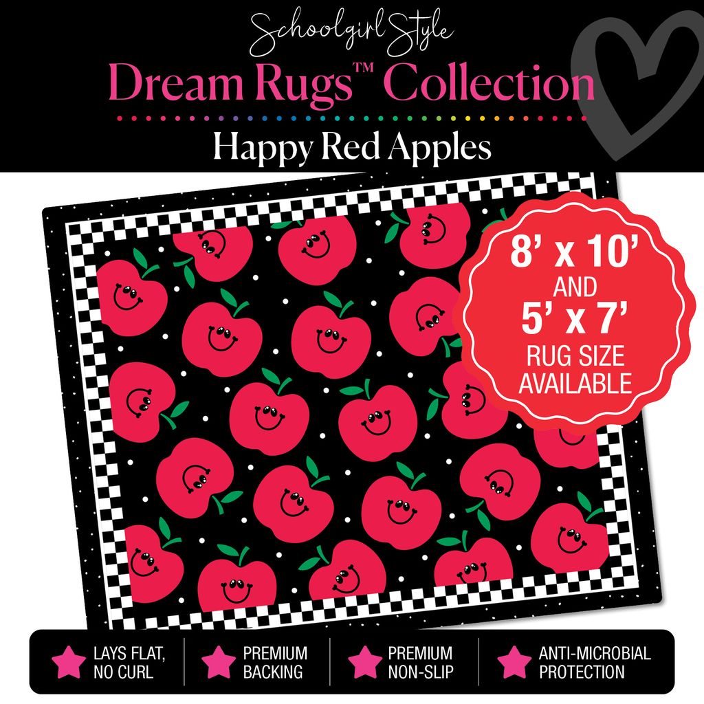 Happy Red Apples with Checkerboard Border Classroom Rug by Schoolgirl Style