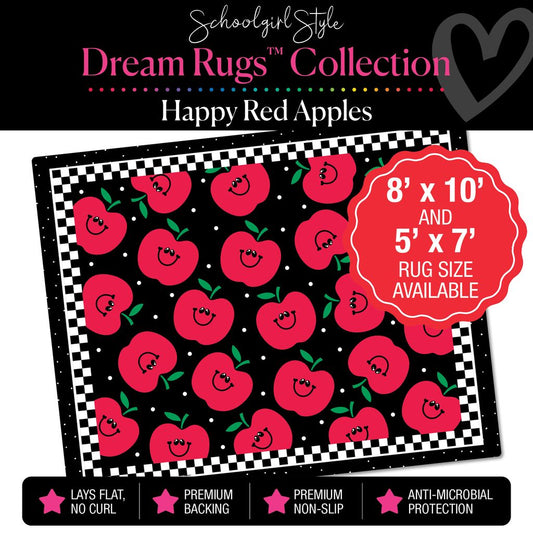 Happy Red Apples with Checkerboard Border Classroom Rug by Schoolgirl Style