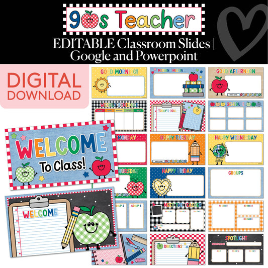 Printable Retro Editable Google & PowerPoint Classroom Slides | 90s Teacher