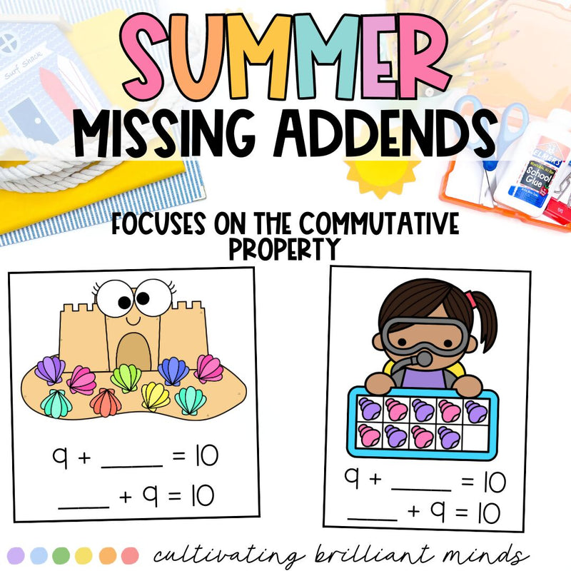 Summer Missing Addends Math Center | 5, 10, and 20 Frames | End of the Year