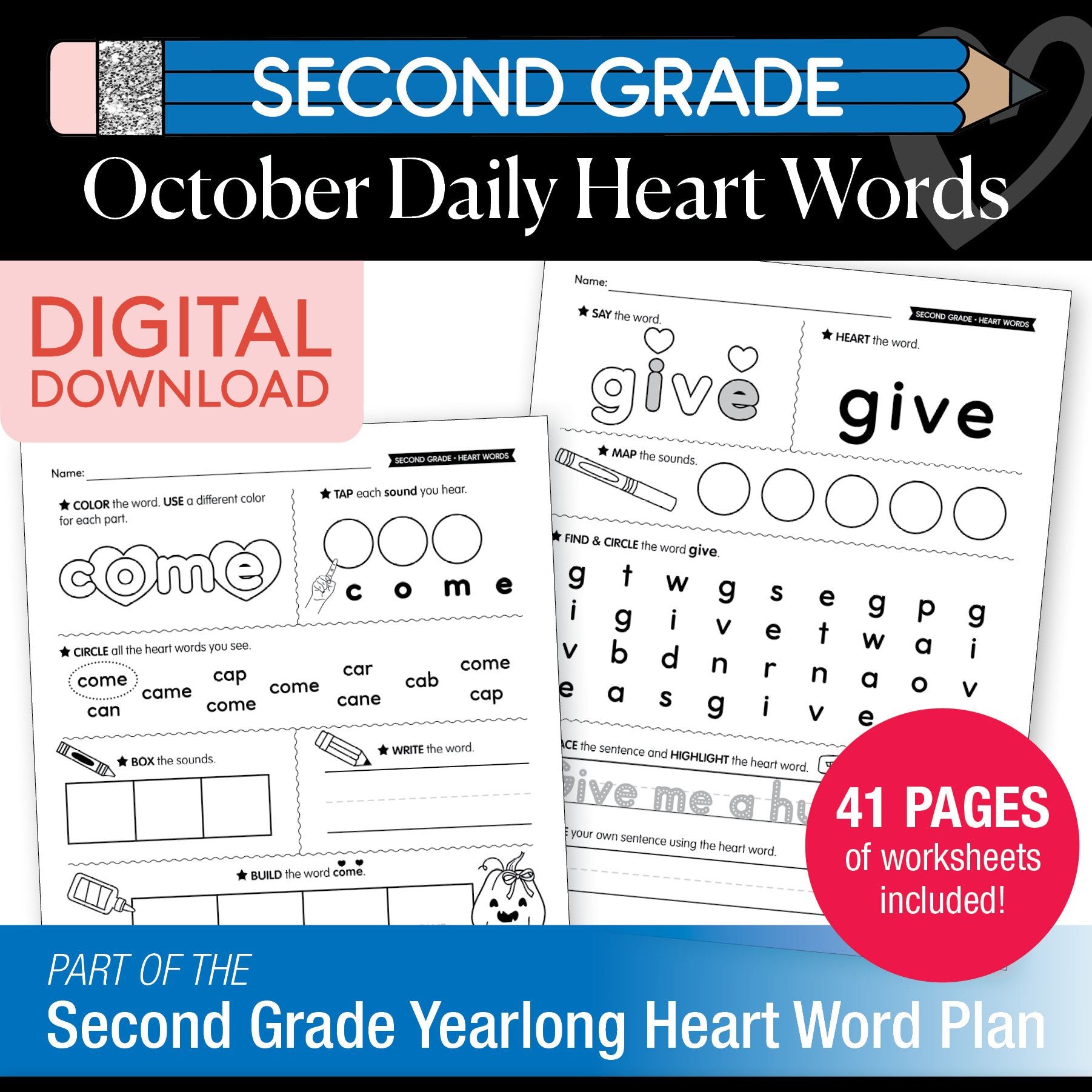 Printable Second Grade October Daily Heart Words