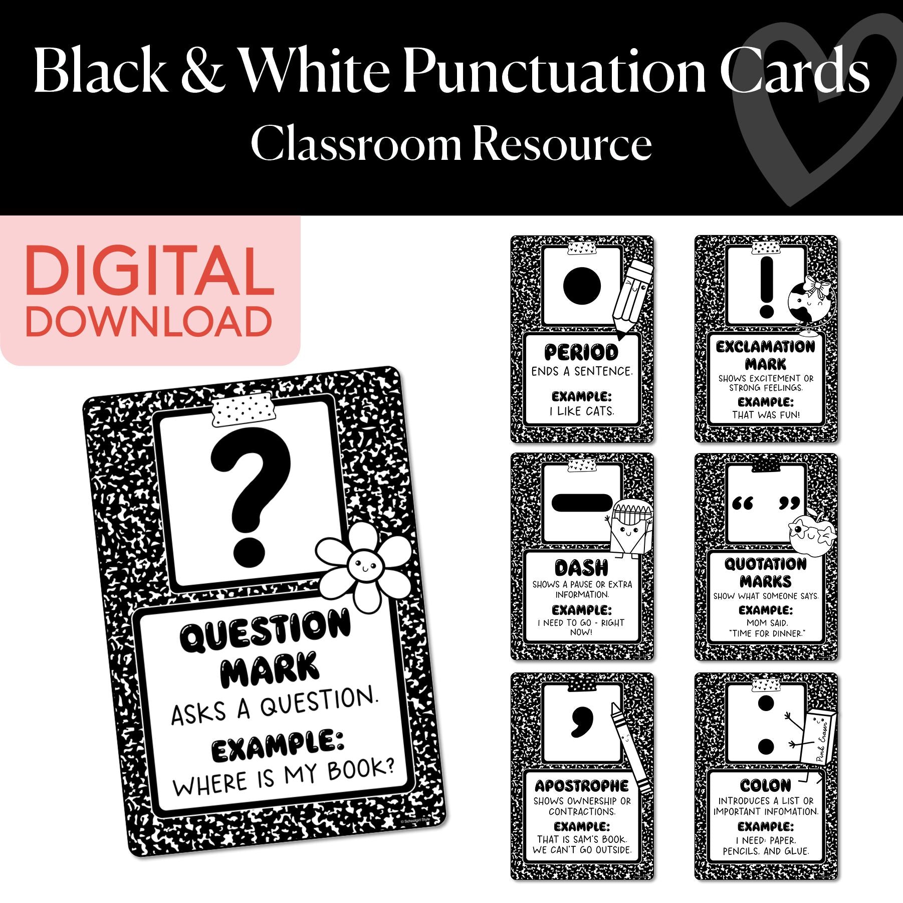 Printable Black and White Punctuation Cards – Schoolgirl Style