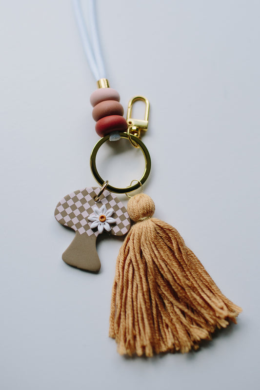 Mushroom Charm with Tan Tassel Landyard Teacher Accessories Shake Your Groove Thing by Jenny Lloyd Lanyards