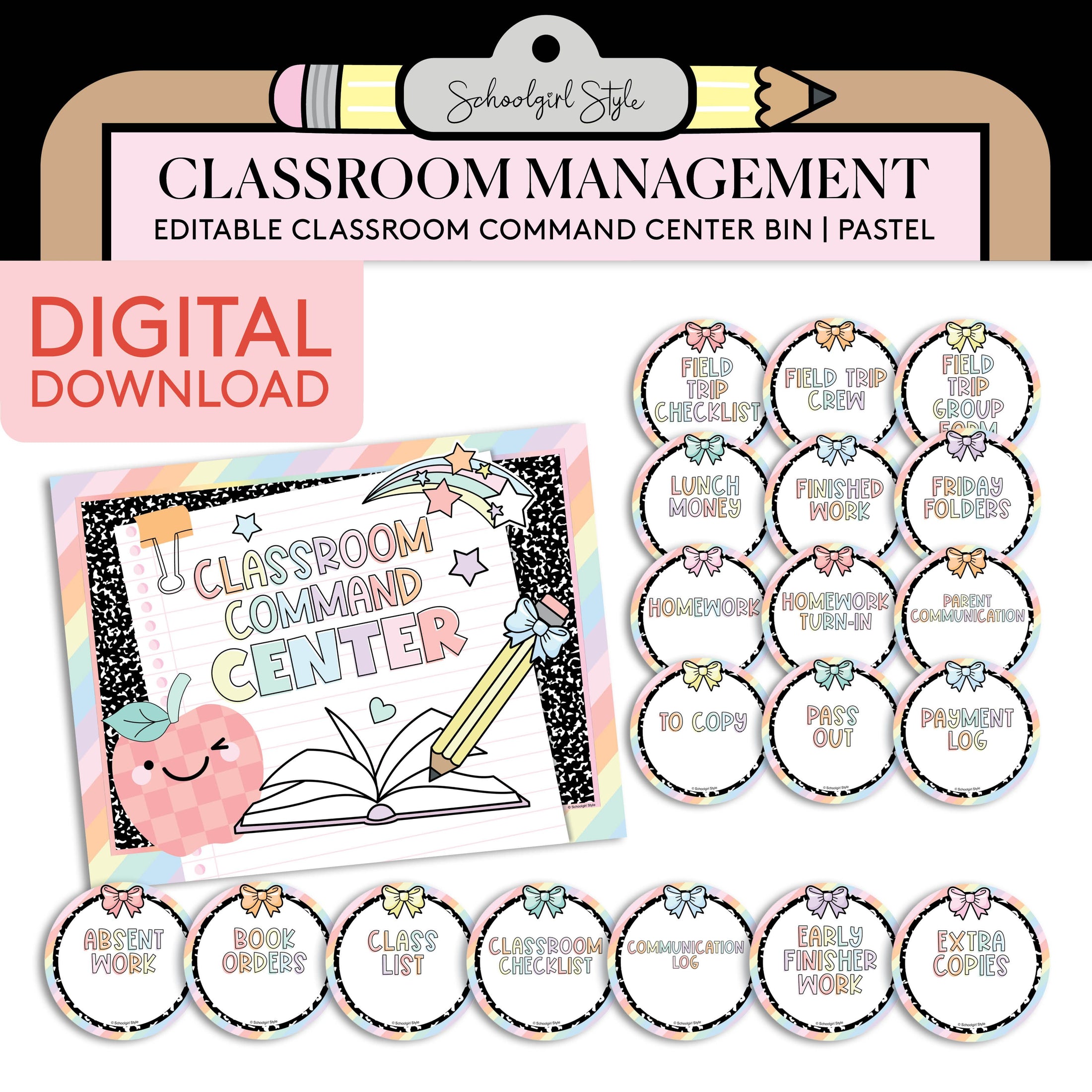Printable Pastel Command Center Classroom Bin