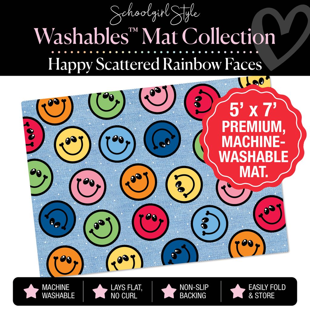 Scattered Happy Rainbow Faces on Jean Classroom Mat by Schoolgirl Style