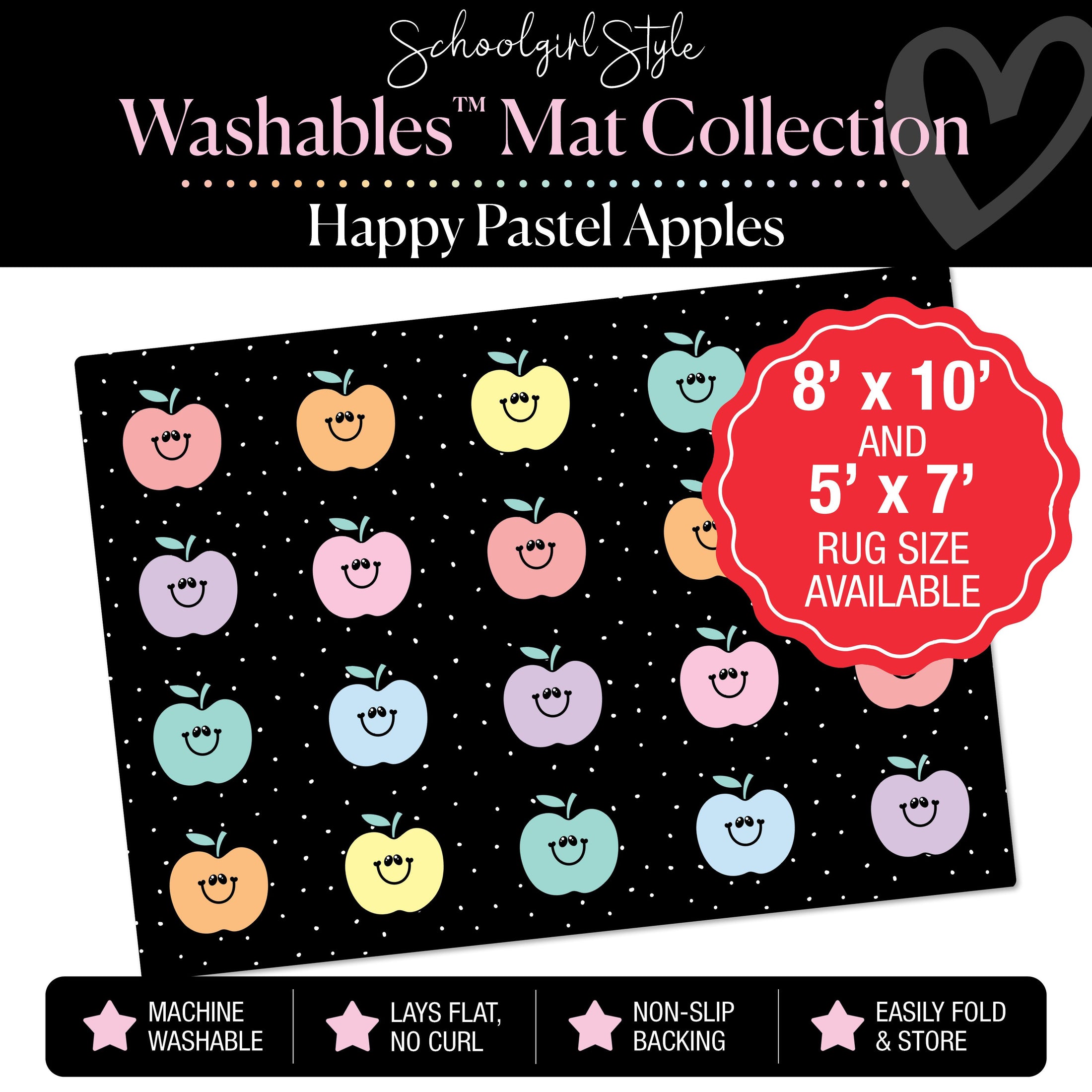 Pastel Apple Sit Spot on Black Background Classroom Mat by Schoolgirl Style