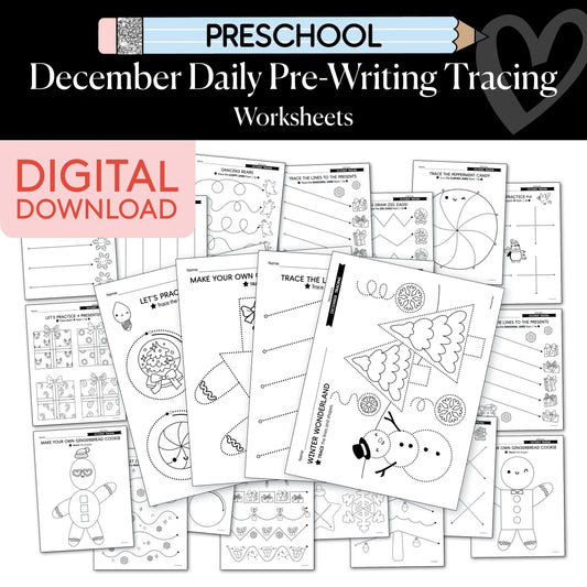 Printable Preschool December Daily Pre-Writing Tracing Worksheets