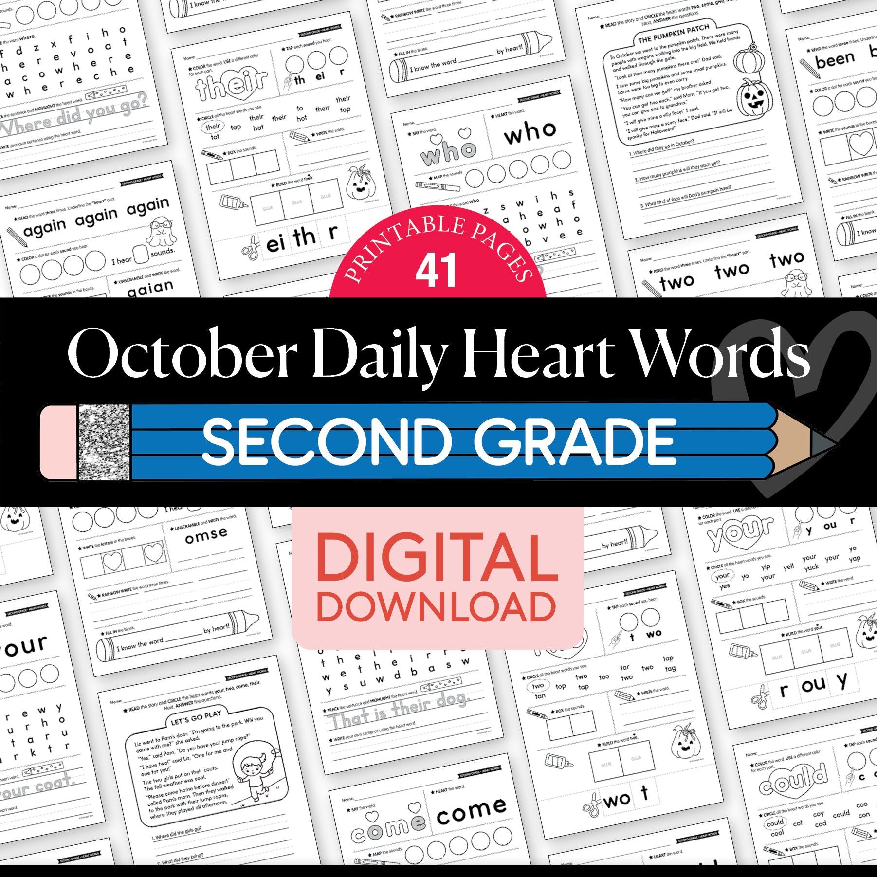 Printable Second Grade October Daily Heart Words