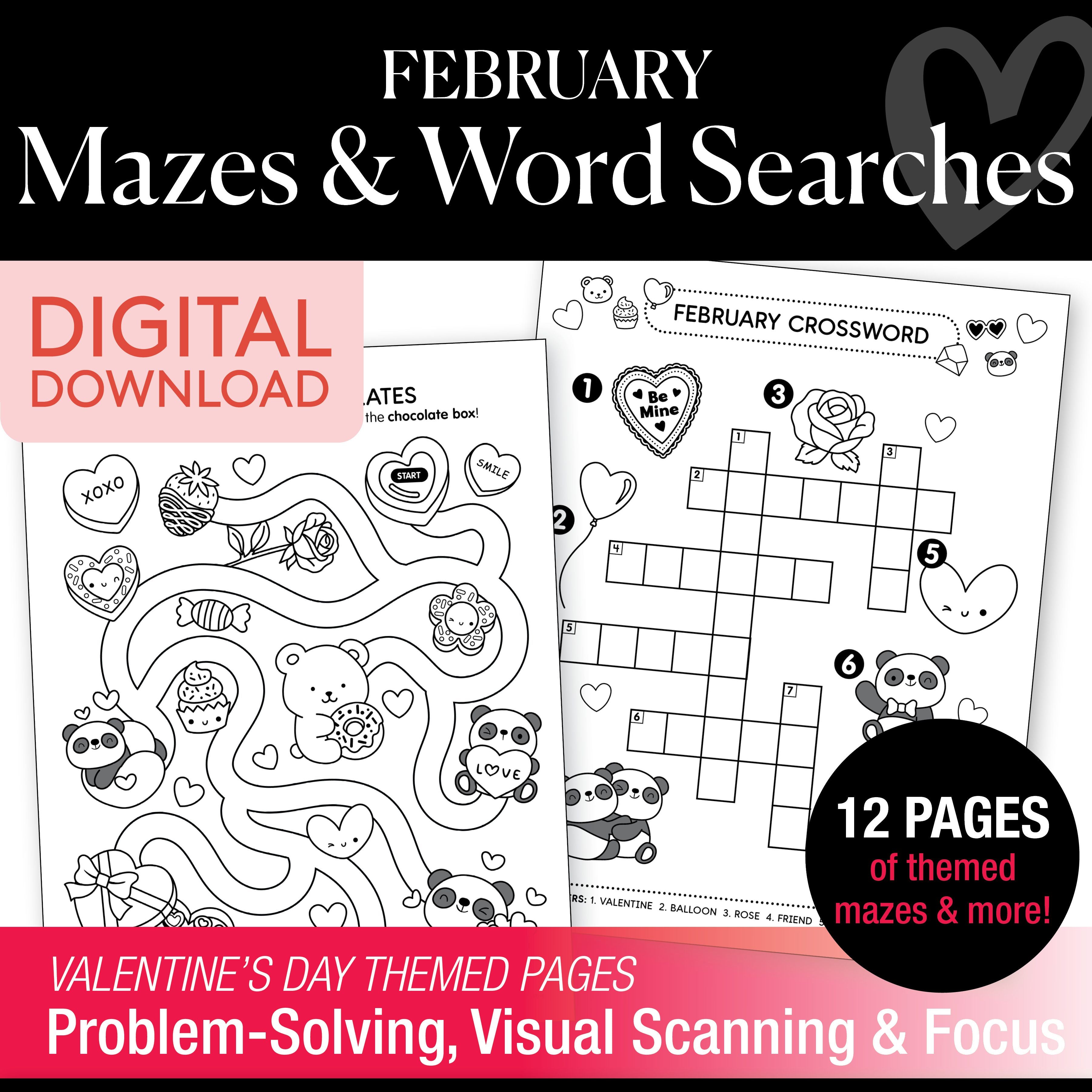 Printable February Mazes and Word Searches