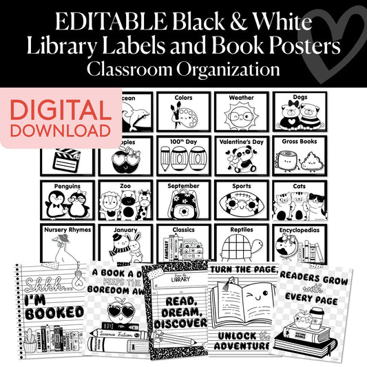 Printable Black and White Classroom Library Labels – Book Bin Labels with Visuals (180-Label Set)