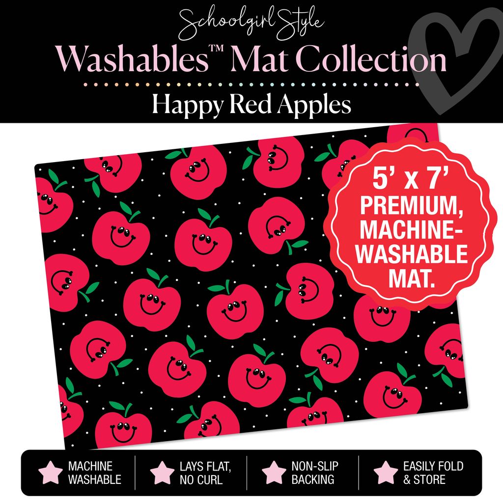 Happy Red Apples on Black Background Classroom Mat by Schoolgirl Style