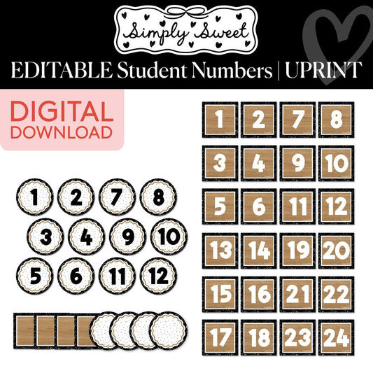 Printable Classic Black and White Editable Student Numbers | Simply Sweet
