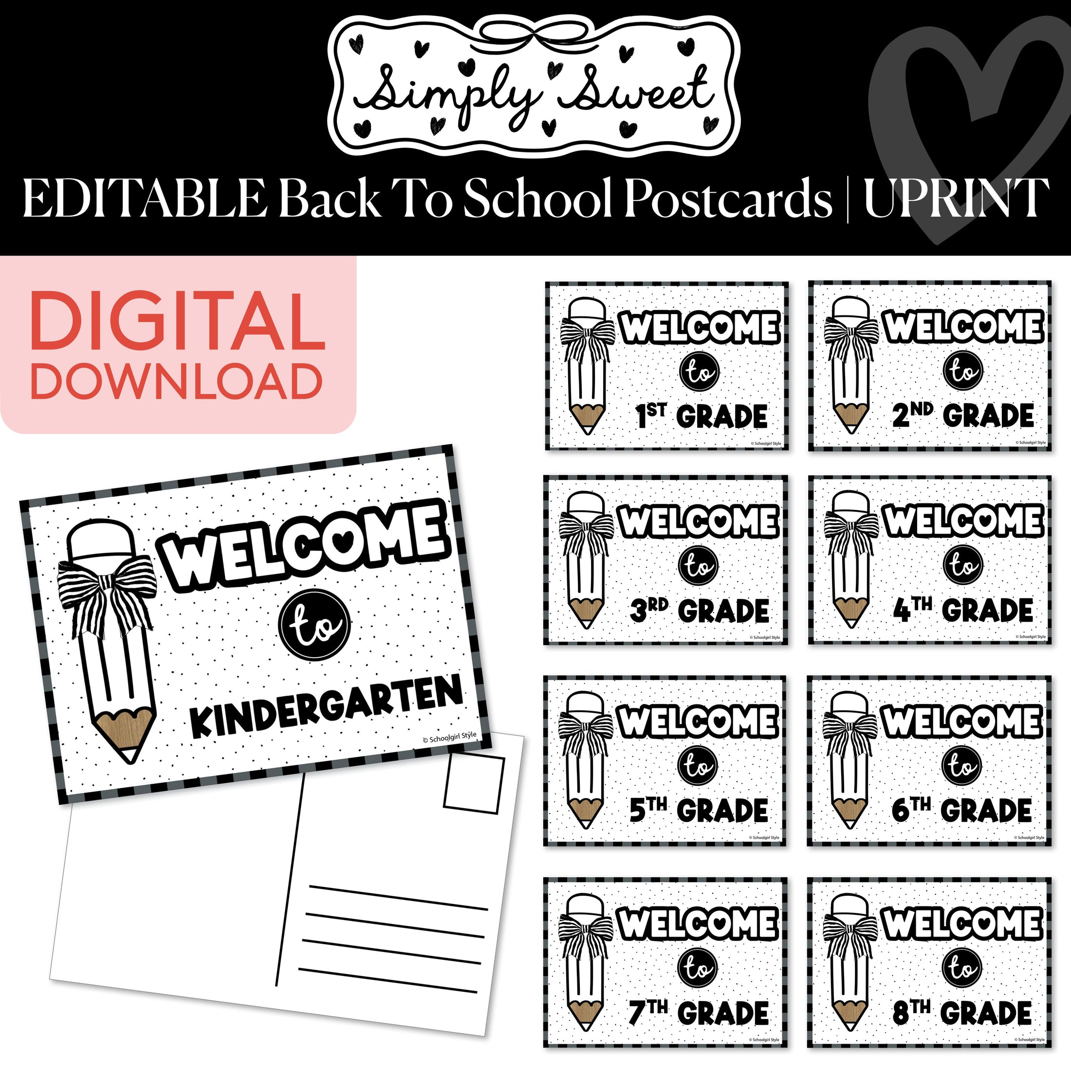 Printable Classic Black and White Editable Back To School Postcards | Simply Sweet