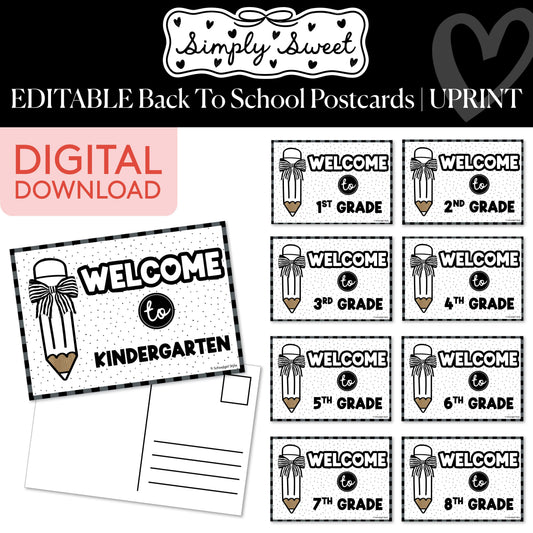 Printable Classic Black and White Editable Back To School Postcards | Simply Sweet