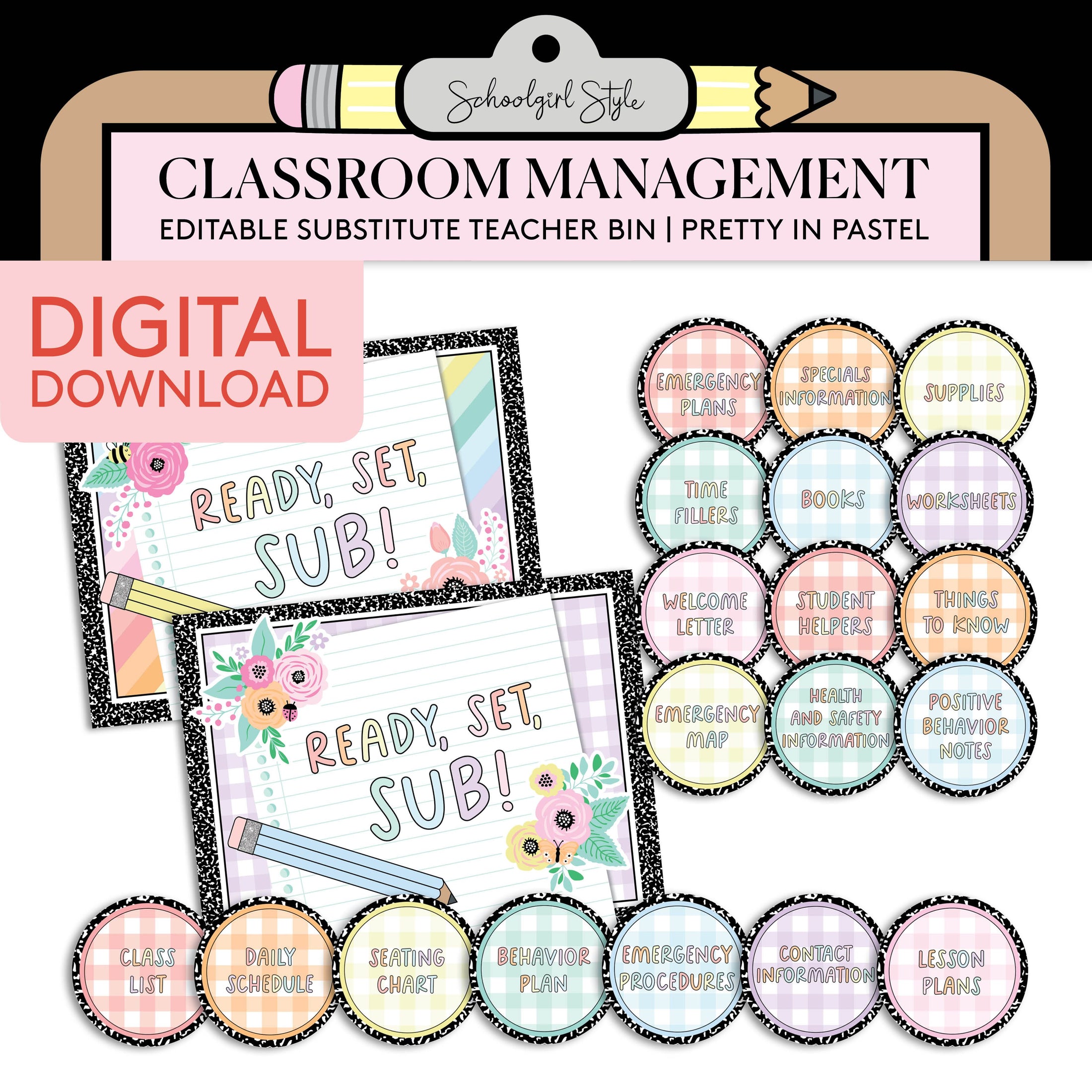 Printable Pastel Editable Substitute Teacher Bin and Forms | Pretty in Pastel