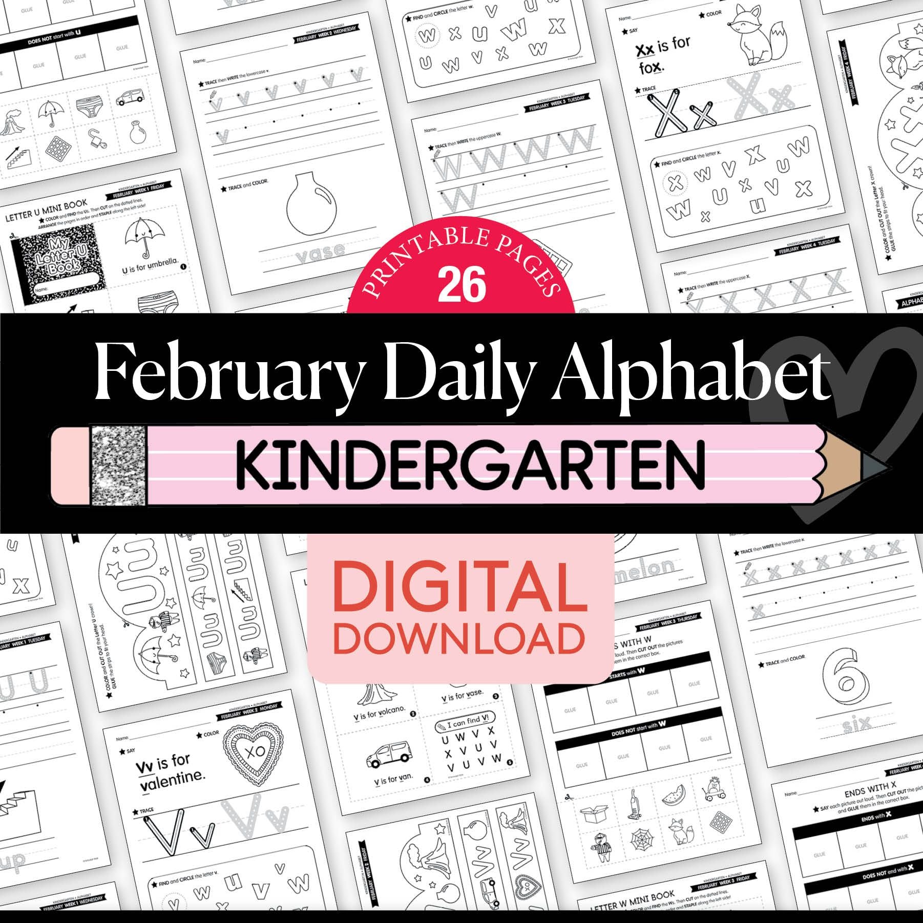 Printable Kindergarten February Daily Alphabet (Q-T)