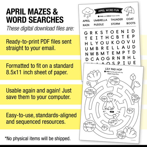 Printable April Mazes and Word Searches