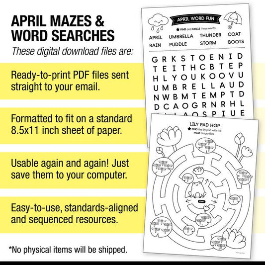Printable April Mazes and Word Searches
