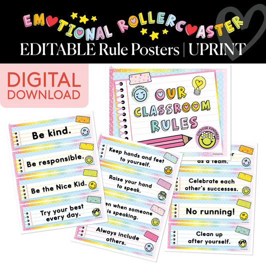 Printable Rainbow Pastel Editable Rule Posters | Emotional Rollercoaster