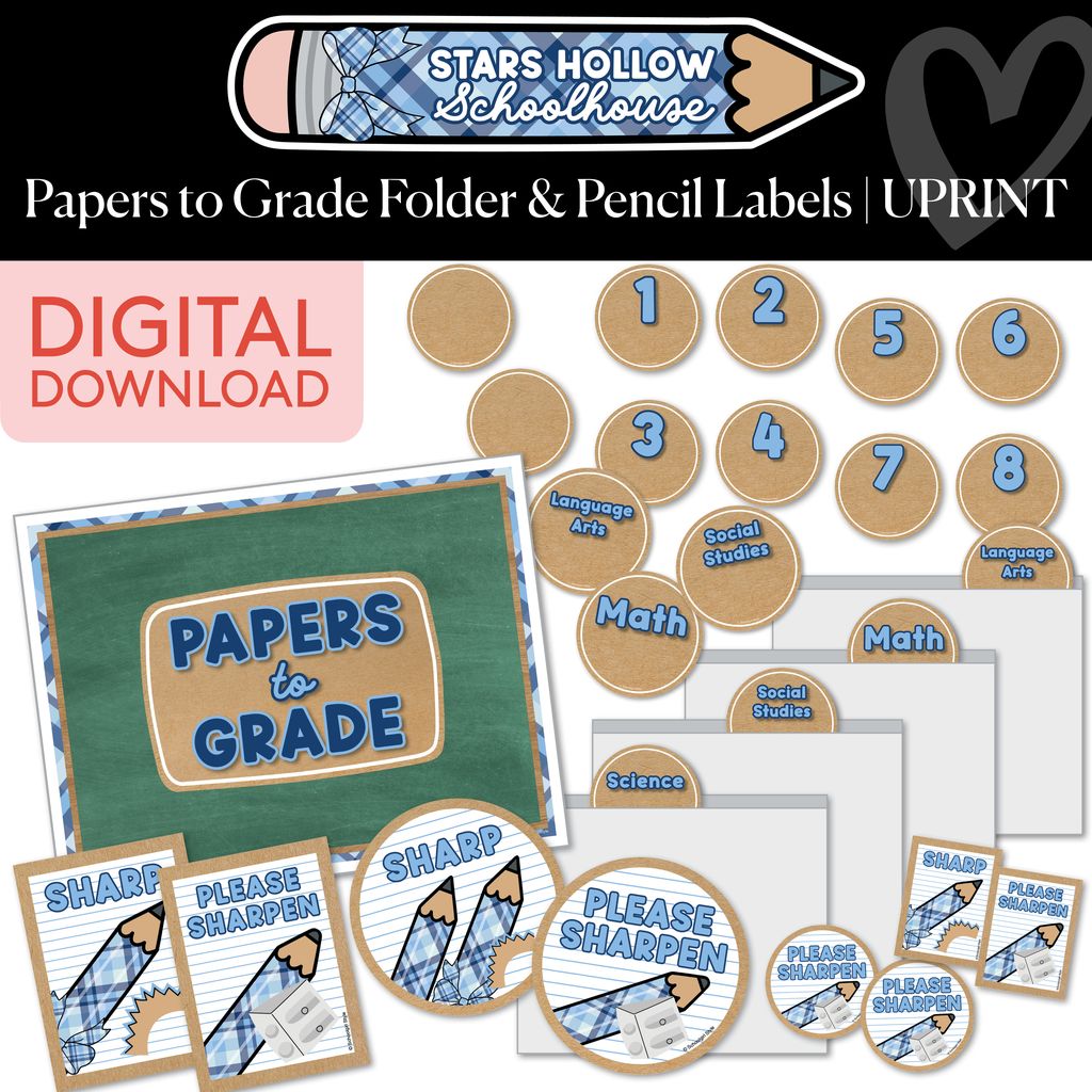 Printable Cozy Papers to Grade Folder & Pencil Labels | Stars Hollow Schoolhouse