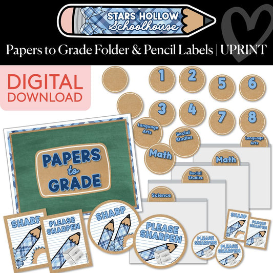 Printable Cozy Papers to Grade Folder & Pencil Labels | Stars Hollow Schoolhouse