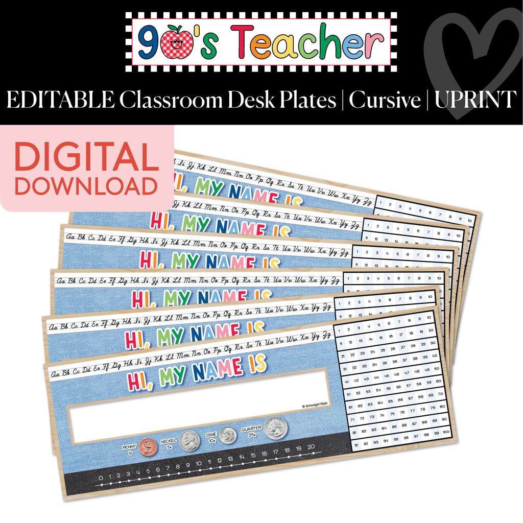 Printable Retro Editable Cursive Classroom Desk Plates | 90s Teacher