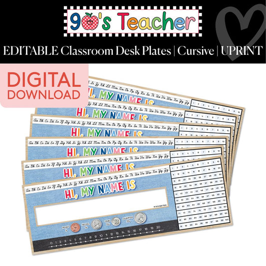 Printable Retro Editable Cursive Classroom Desk Plates | 90s Teacher