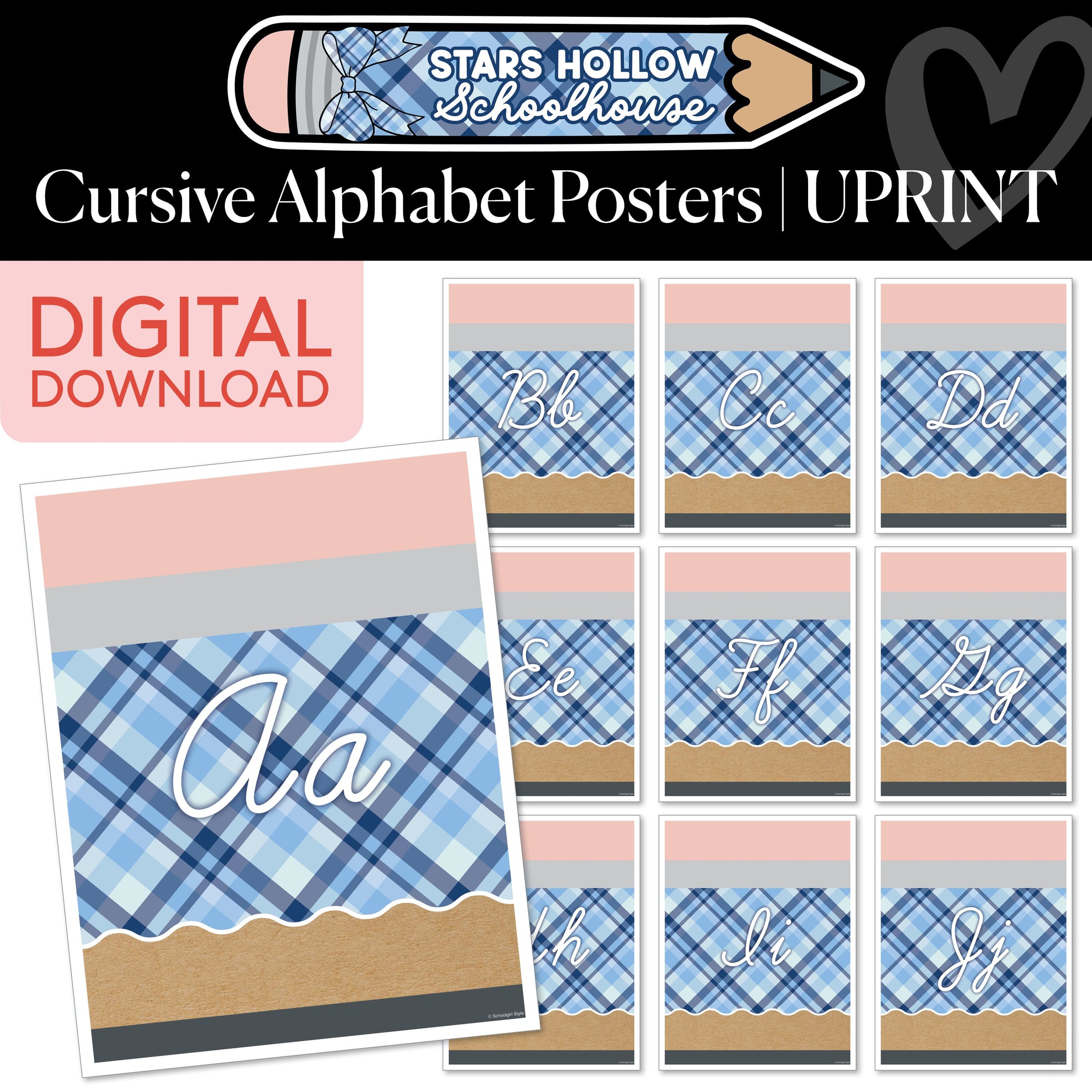 Printable Cozy Plaid Pencil Cursive Alphabet Posters | School in Stars Hollow