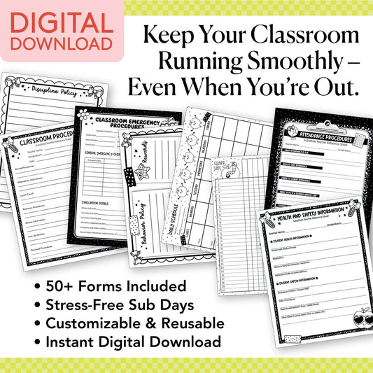 Printable Bright Editable Substitute Teacher Bin and Forms