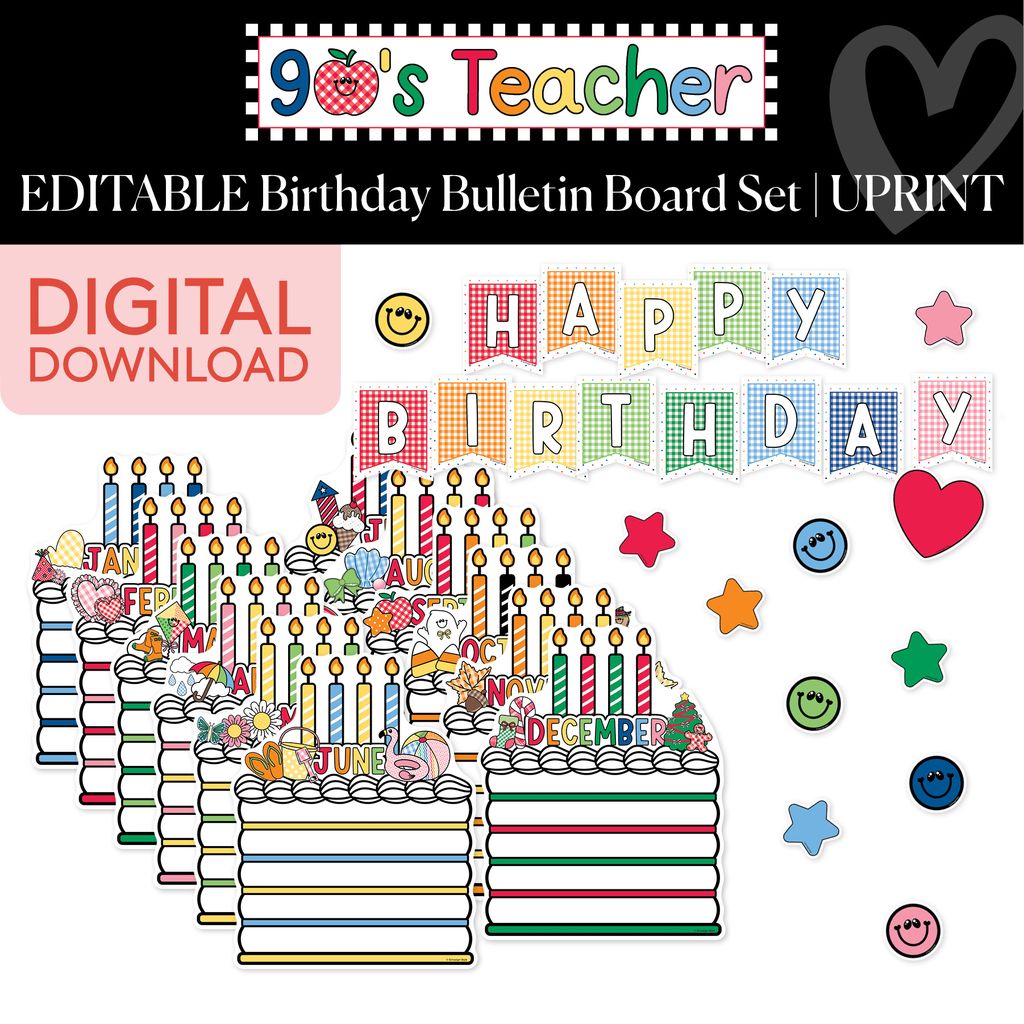 Printable Retro Editable Birthday Cakes Bulletin Board Set | 90s Teacher