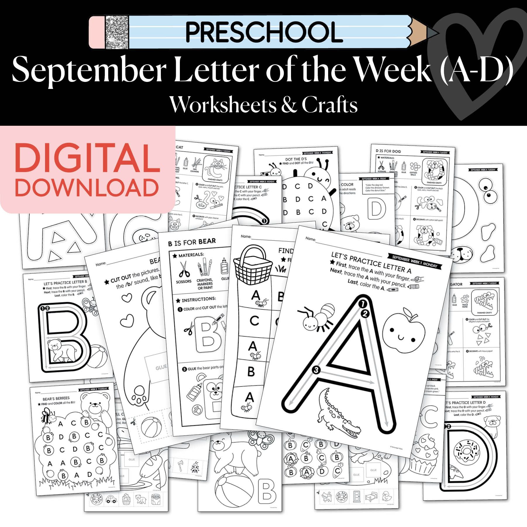 Printable Preschool September Letter of the Week (A-D)