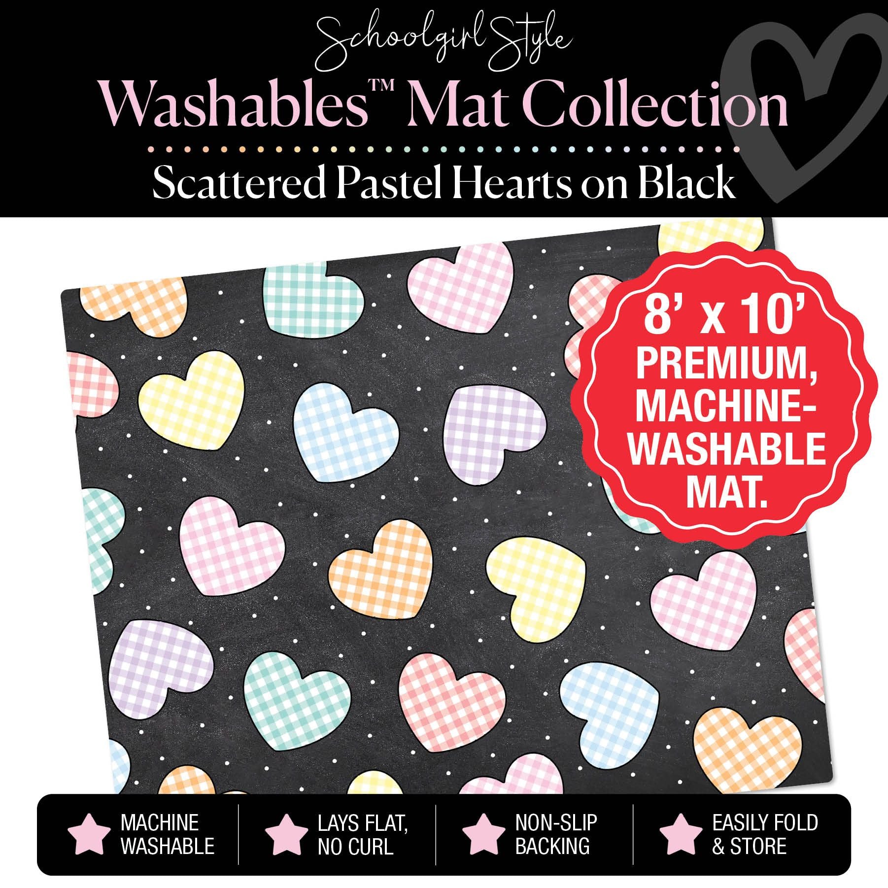 Scattered Pastel Hearts on Black Classroom Mat by Schoolgirl Style
