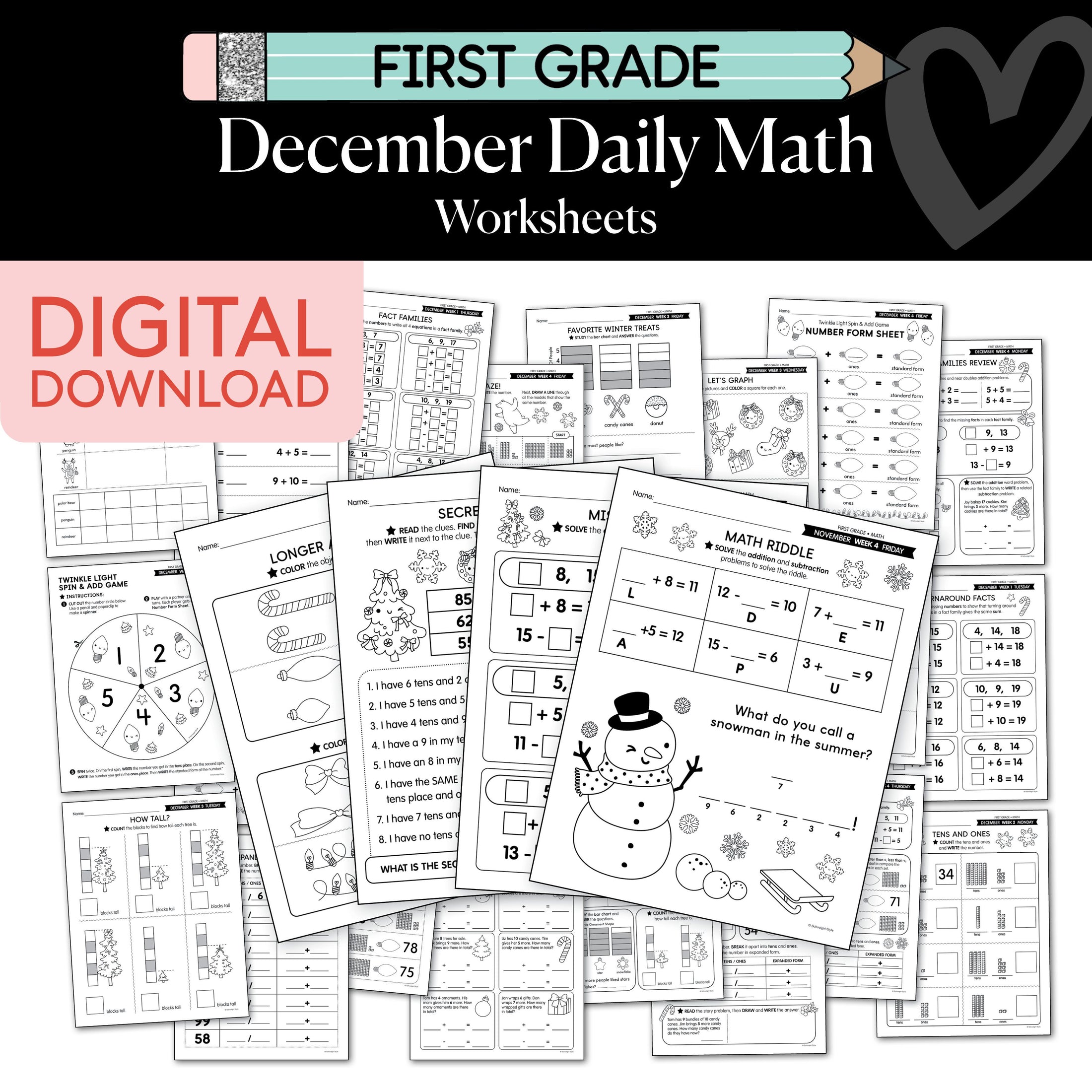 Printable First Grade December Daily Math Worksheets