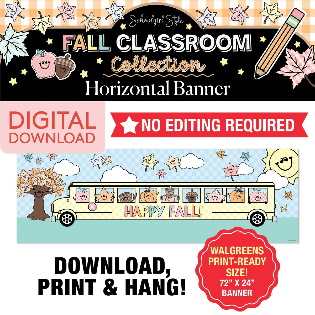 Printable Pastel Happy Fall Horizontal Walgreens Ready Kraft Style Banner
